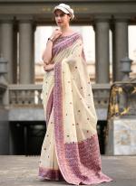 Soft Linen Cotton Cream Casual Wear Printed Saree